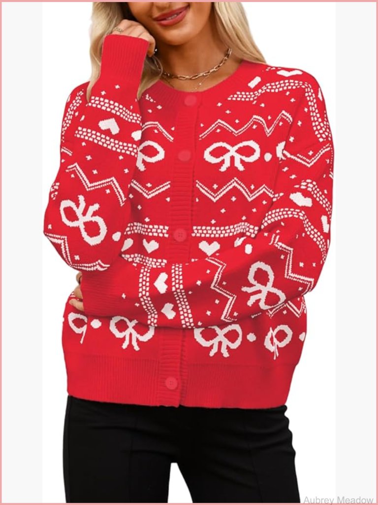 Cute Bow Heart Cardigan, Crew Neck Button Up Striped Sweater, Holiday Outfits